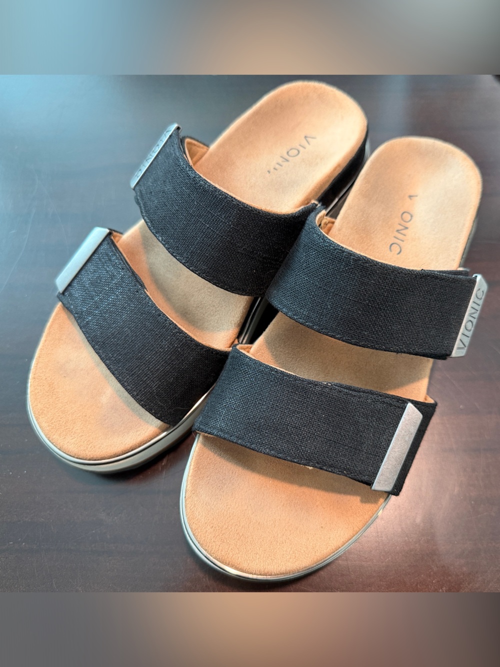 Vionic women’s Black Double-Strap Slide Sandals with Tan Footbed